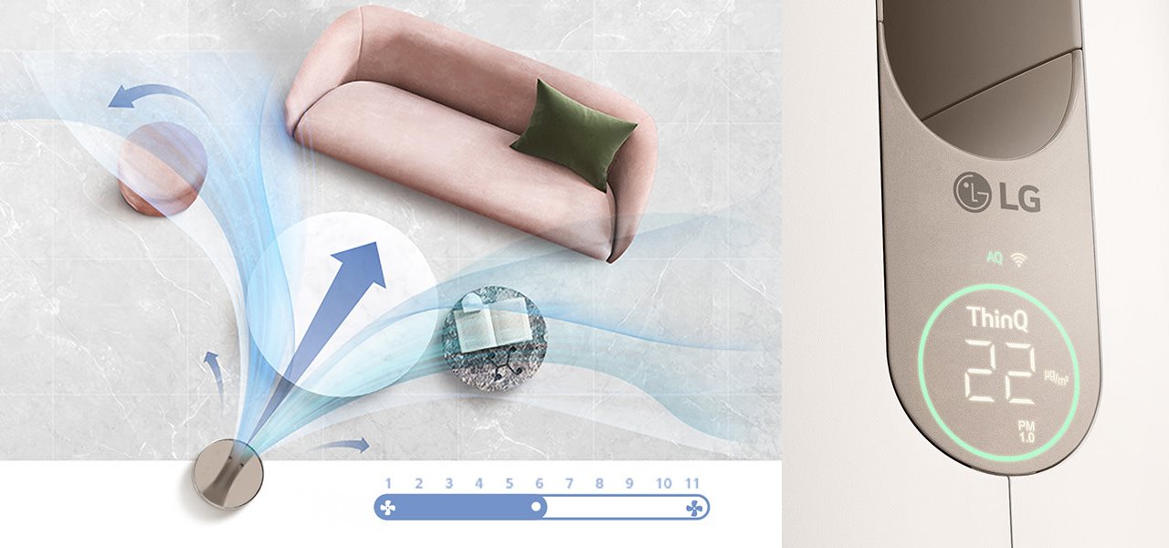 Collage image showing air flow from a portable air cleaner in a livingroom and a close up image of an air cleaner