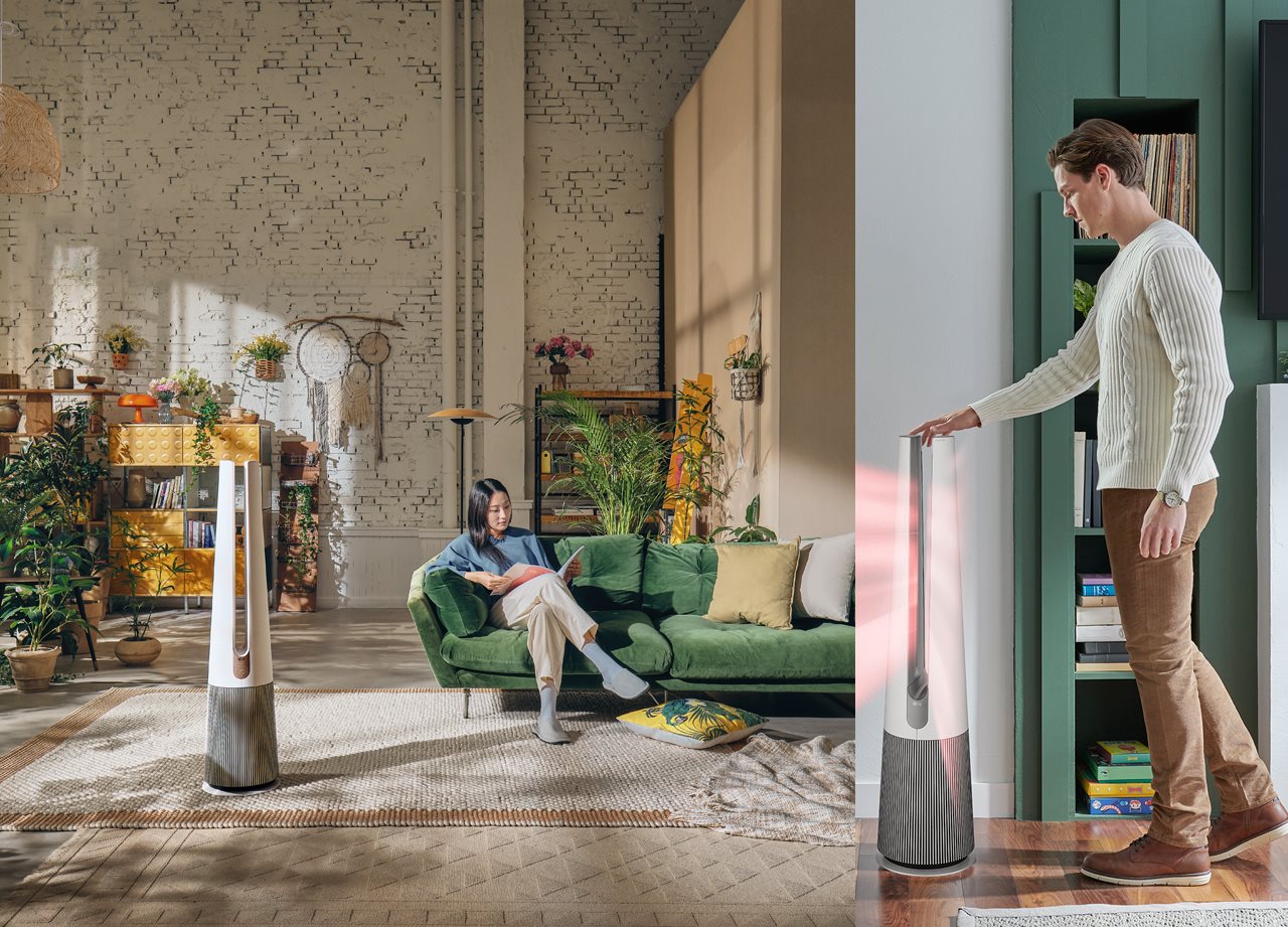 Collage image of woman sitting on the sofa of a living room with an LG AirCare and a man in the kitchen adjusting an LG AirCare.