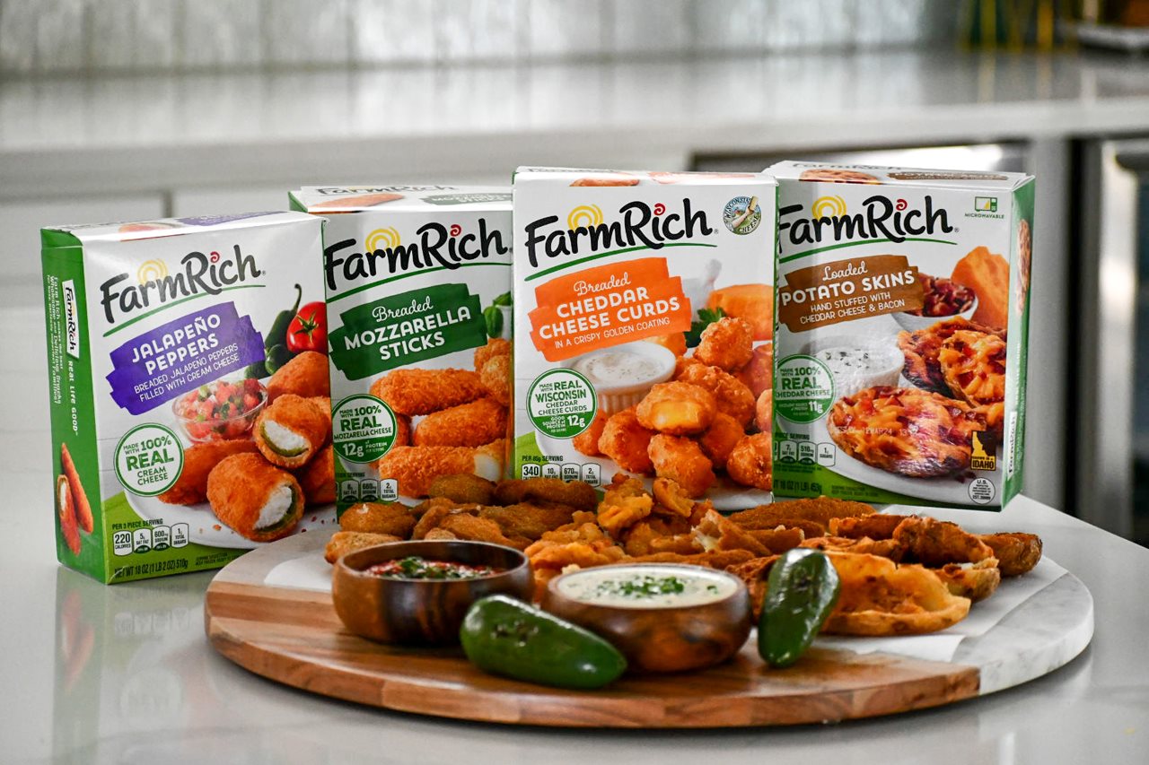 Farm Rich boxes of Jalapeno poppers, mozz sticks, cheddar chess curdes, loaded pototato skins