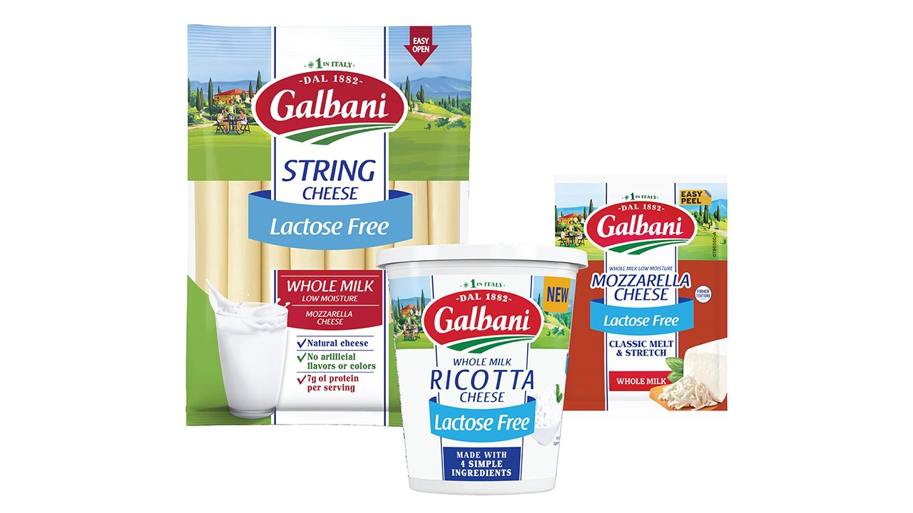 Branded packages of Galbani mozzarella, string and ricotta cheese.